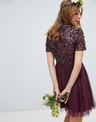 Maya high neck maxi tulle dress store with tonal delicate sequins in berry