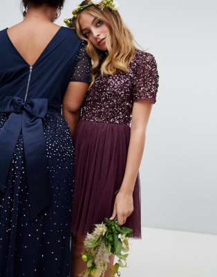 maya high neck maxi tulle dress with tonal delicate sequins in berry