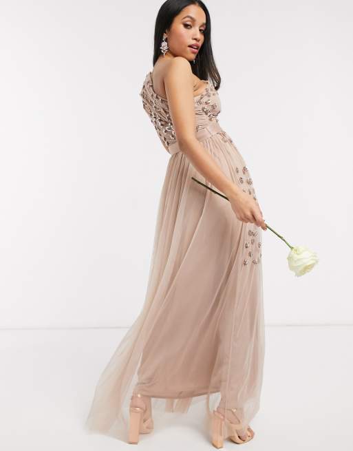 Maya Petite one shoulder embellished maxi dress in taupe blush | ASOS