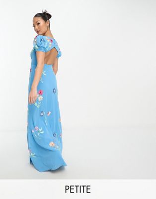 Maya Petite puff sleeve embroidered maxi dress in blue