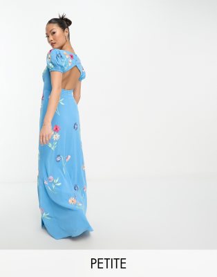 Maya Petite puff sleeve embroidered maxi dress in blue | ASOS