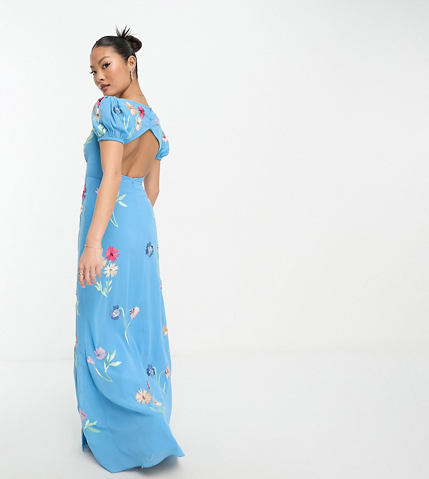 Maya Petite puff sleeve embroidered maxi dress in blue-Pink