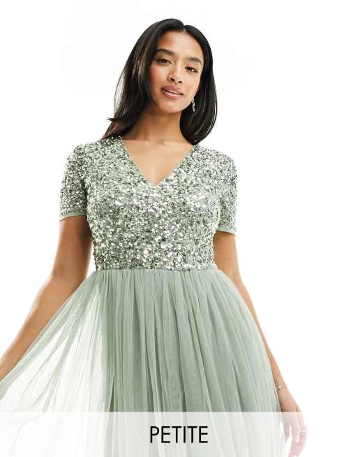 Maya Petite Robe longue de demoiselle d honneur en tulle avec manches courtes et sequins d licats ton sur ton Vert sauge