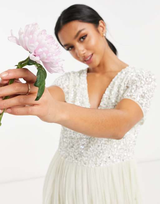 Maya Petite - Robe longue de mariage en tulle à col V et sequins délicats ton sur ton - Écru, 3 de 4