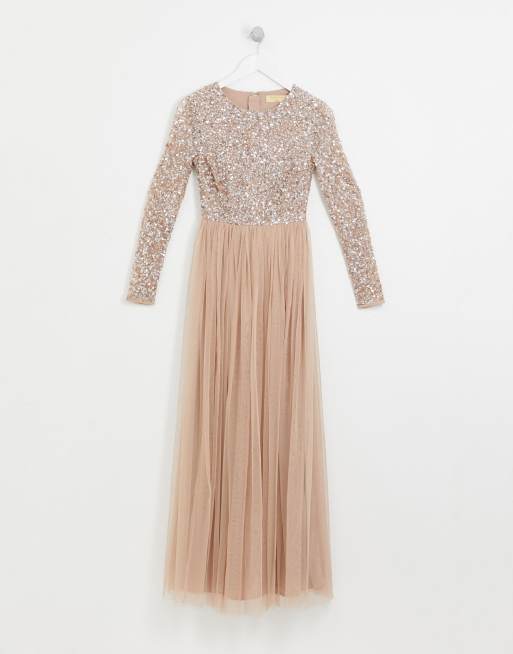 Maya Petite Robe longue en tulle manches longues de demoiselle d honneur orn e de sequins d licats ton sur ton Taupe blush