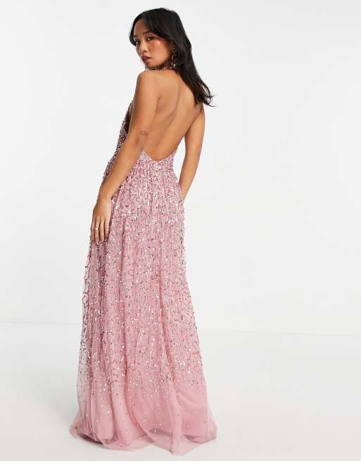 Maya Petite - Rosa maxikjole med åben ryg, halterneck og pailletter, 2 af 4