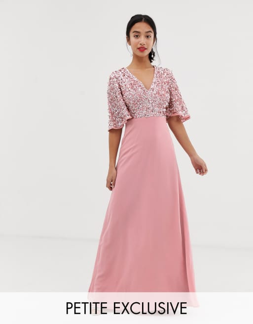 Maya Petite Sequin Top Maxi Bridesmaid Dress With Flutter Sleeve Detail