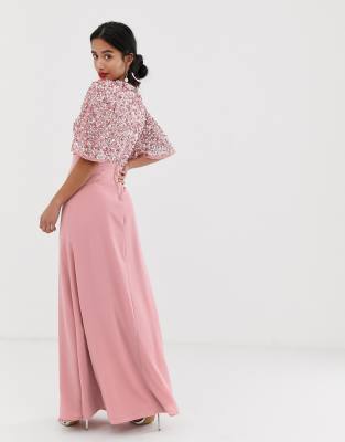 maya sequin top maxi bridesmaid dress with flutter sleeve detail