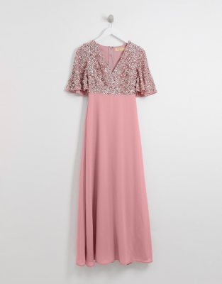 maya sequin top maxi bridesmaid dress with flutter sleeve detail