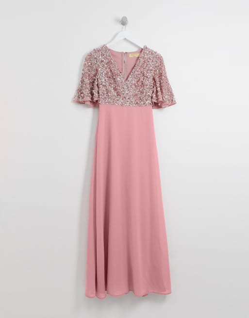 Maya Petite Sequin Top Maxi Bridesmaid Dress With Flutter Sleeve Detail