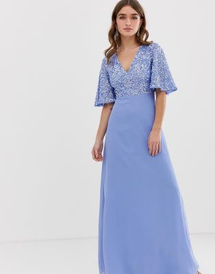 maya sequin top maxi bridesmaid dress with flutter sleeve detail