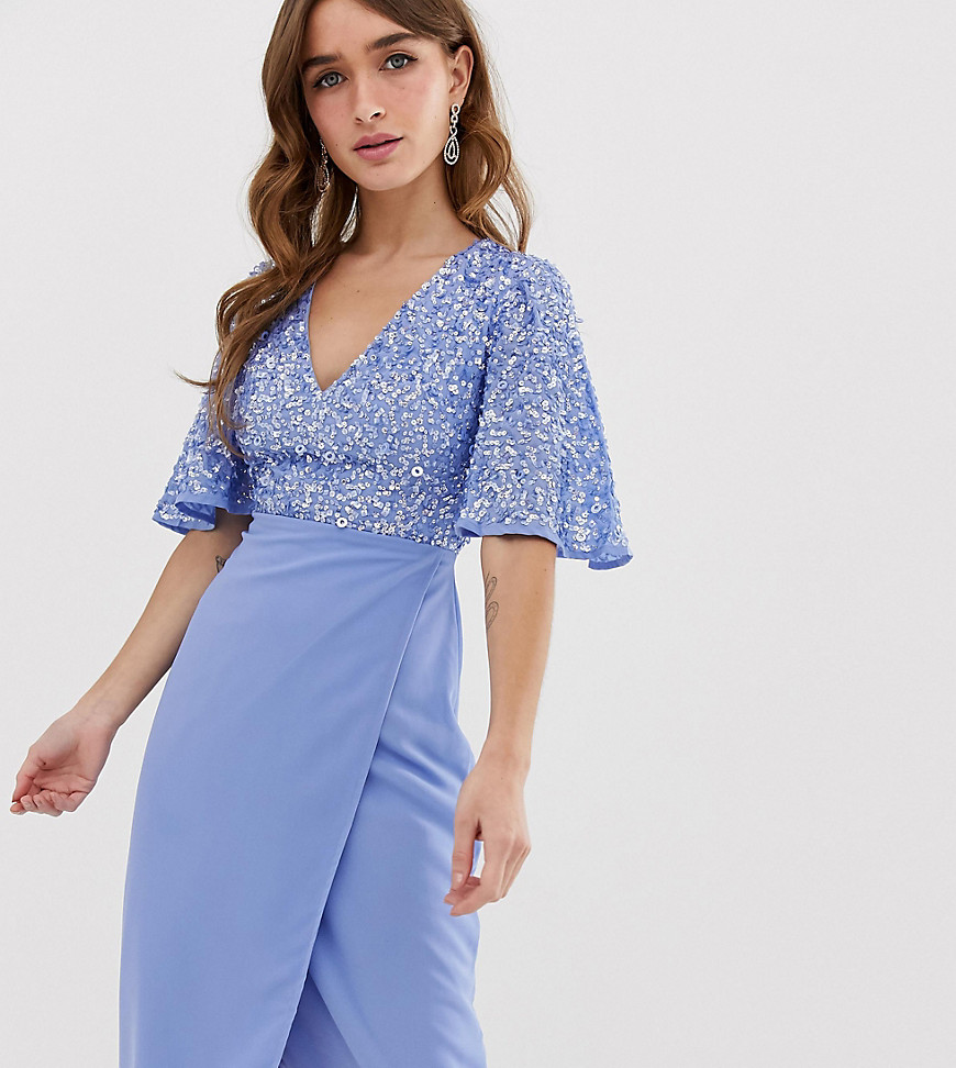 Maya Petite sequin top midi pencil dress with flutter sleeve detail in bluebell