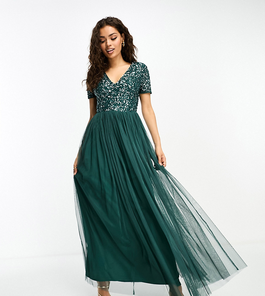 short sleeve maxi tulle dress with tonal delicate sequins in emerald green