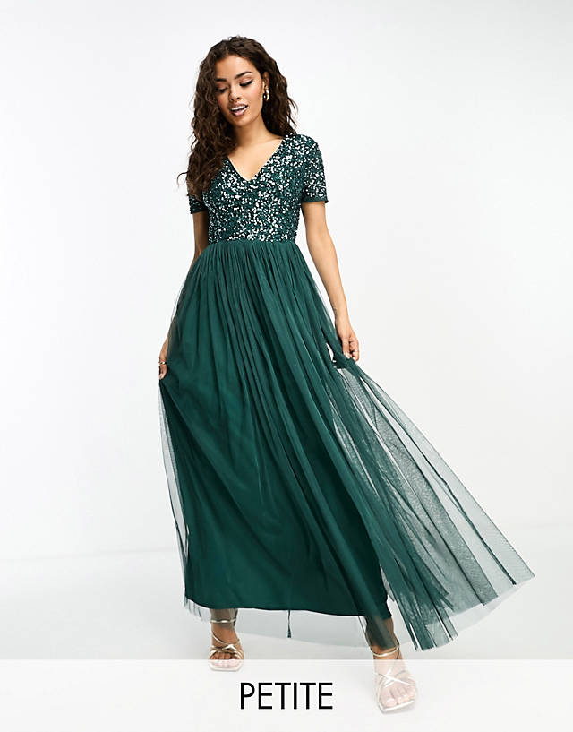 Maya Petite - short sleeve maxi tulle dress with tonal delicate sequins in emerald green