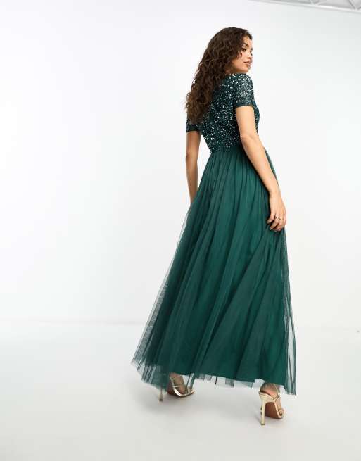 Maya Petite short sleeve maxi tulle dress with tonal delicate sequins in emerald green