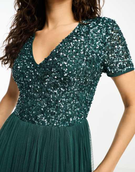 Maya Petite short sleeve maxi tulle dress with tonal delicate sequins in emerald green