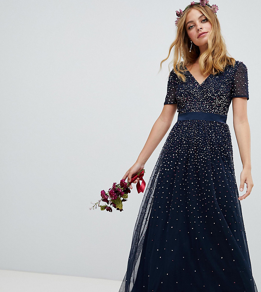 Maya Petite V Neck Maxi Tulle Dress With Contrast Tonal Delicate Sequins In Navy