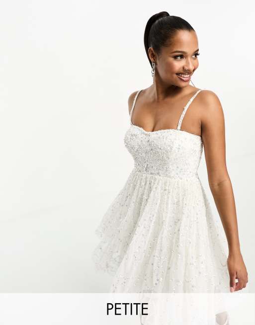 Maya Petite - Vestito corto da sposa con gonna a ruota e decorazioni color avorio