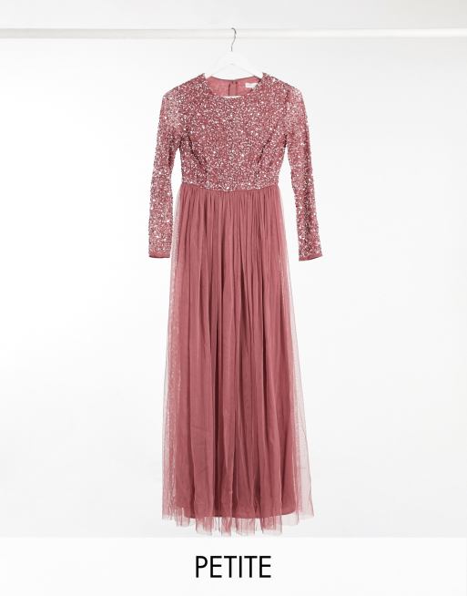 Maya Petite Vestito Lungo A Maniche Lunghe Con Gonna In Tulle Rosa Con Delicate Paillettes Asos
