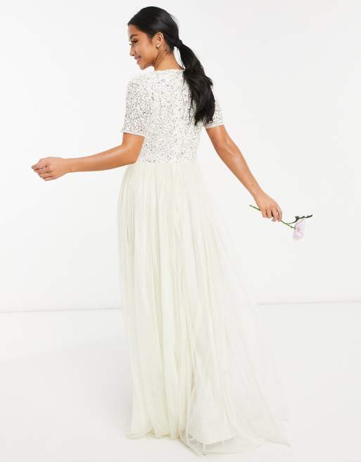 Maya Petite - Vestito lungo da sposa in tulle con scollo a V e delicate paillettes tono su tono écru, 2 di 4