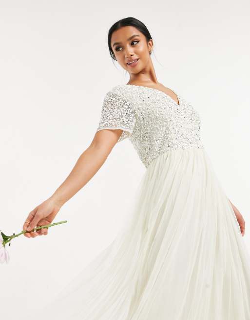 Maya Petite - Vestito lungo da sposa in tulle con scollo a V e delicate paillettes tono su tono écru, 4 di 4