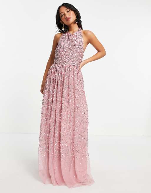 Maya Petite - Vestito lungo rosa allacciato al collo con schiena scoperta e paillettes, 4 di 4