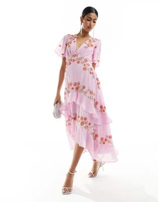 Maya plunge midi dress with floral embellished detail in purple  - view 1