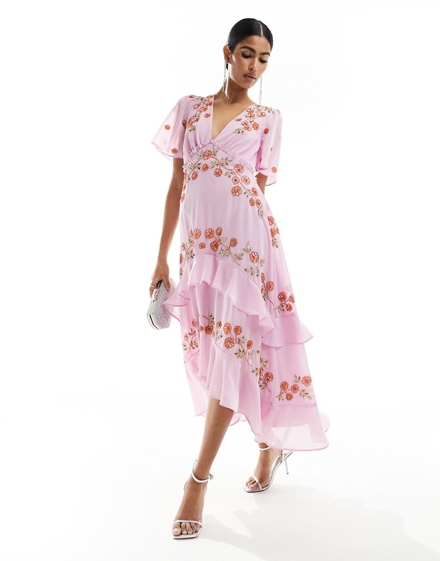 Maya Plunge Midi Dress With Floral Embellished Detail In Purple In Pink