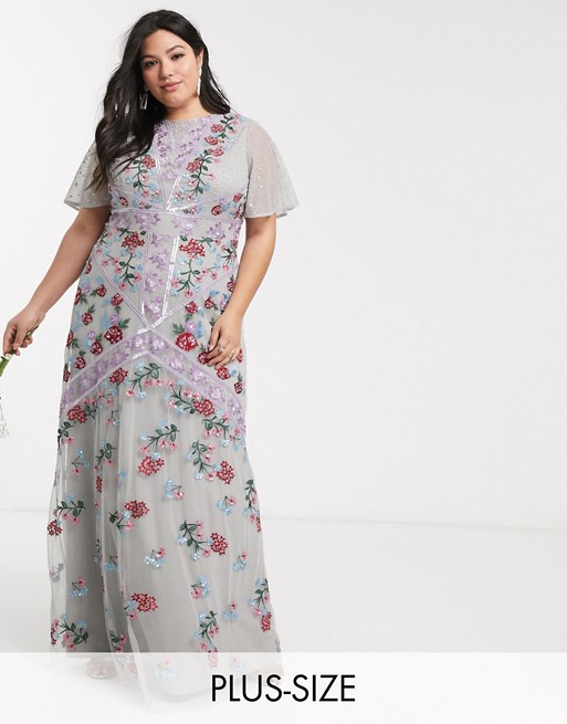 Maya Plus all over floral embellished fluted sleeve maxi dress in silver