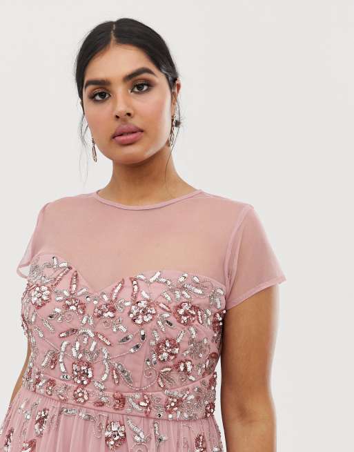 Maya Plus allover premium embellished mesh cap sleeve maxi dress in vintage rose