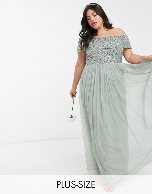 Maya Plus Bridesmaid bardot maxi tulle dress with tonal delicate sequins in sage green