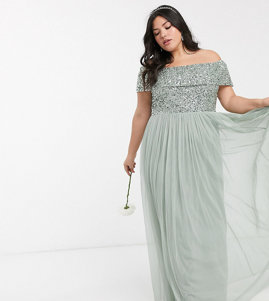 Maya Plus Bridesmaid bardot maxi tulle dress with tonal delicate sequins in sage green
