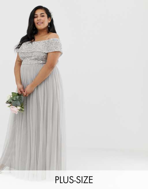 Maya Plus Bridesmaid bardot maxi tulle dress with tonal Maya Plus Bridesmaid bardot maxi tulle dress with tonal