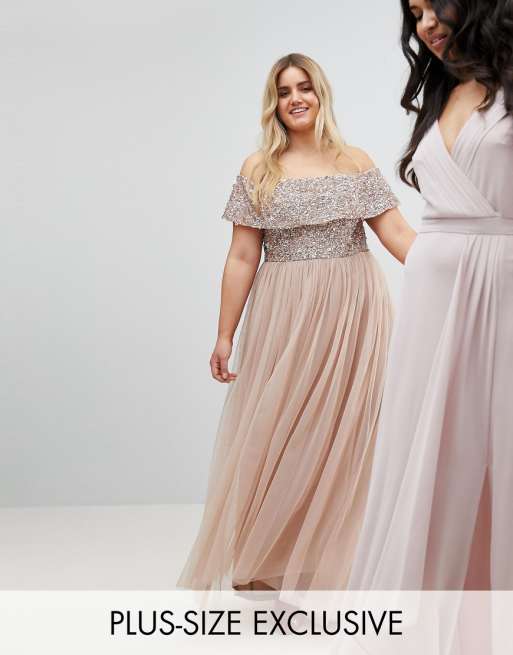 Maya  Plus  Bridesmaid  Bardot Sequin Top Tulle Detail Dress    Maya  Plus  Bridesmaid  Bardot Sequin Top Tulle Detail Dress