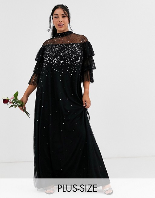 Maya Plus Bridesmaid delicate sequin tulle maxi dress in black