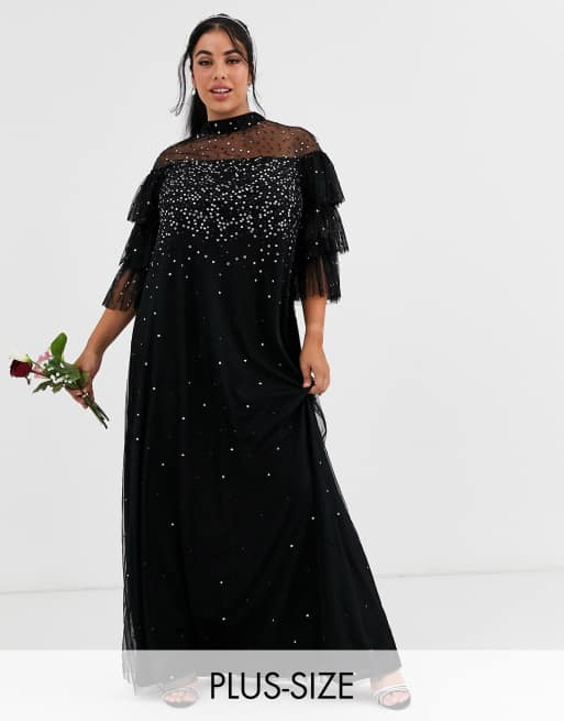 Maya Plus Bridesmaid delicate sequin tulle maxi dress in black | ASOS