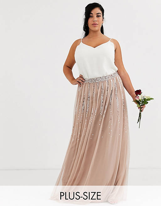 Maya Plus Bridesmaid delicate sequin tulle skirt in taupe blush | ASOS