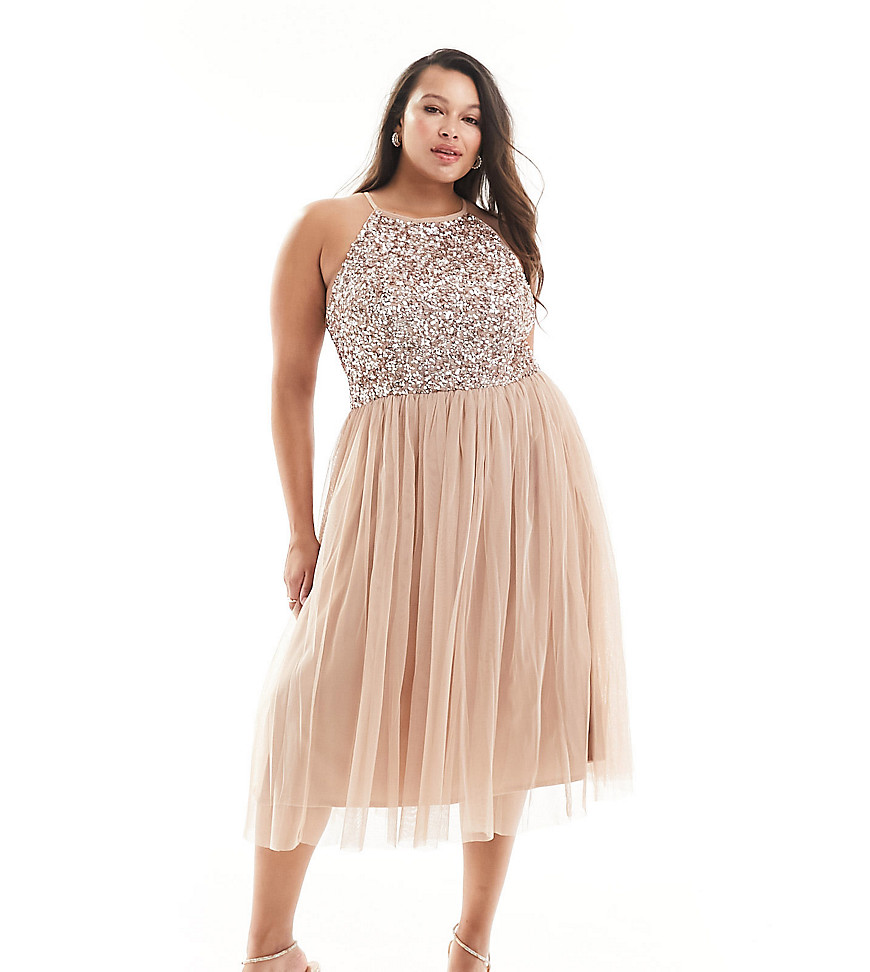 Plus-size dress by Maya Plus Takes you from the ceremony to the dancefloor Racer style High neck Sequin-embellished top Zip-back fastening Soft pleated skirt Regular fit