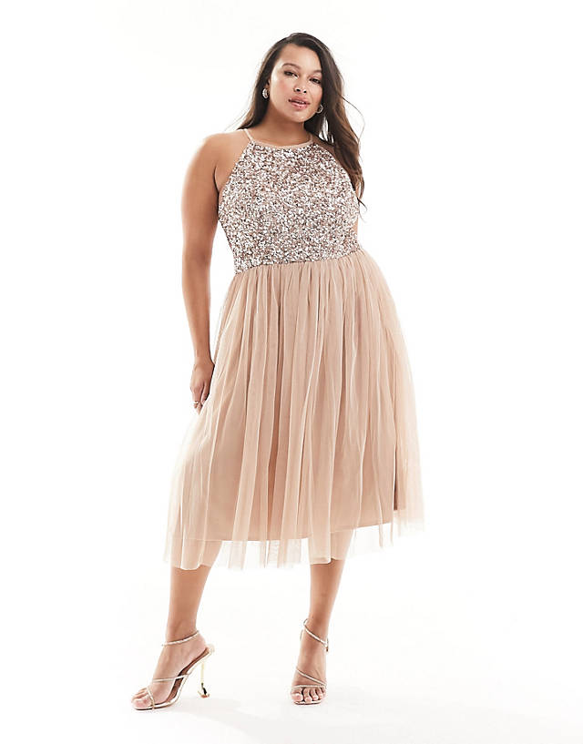 Maya Plus - bridesmaid halter neck midi tulle dress with sequins in muted blush