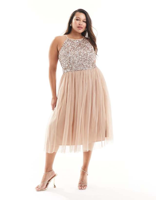 Maya Plus Bridesmaid halter neck midi tulle dress with sequins in muted blush