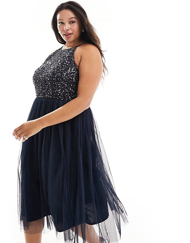 Maya Plus - bridesmaid halter neck midi tulle dress with tonal delicate sequins in navy