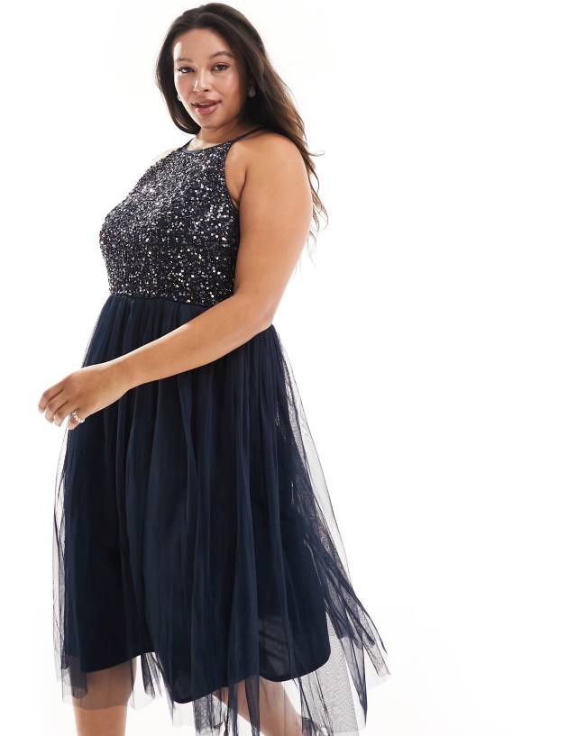 Maya Plus Bridesmaid halter neck midi tulle dress with tonal delicate sequins in navy