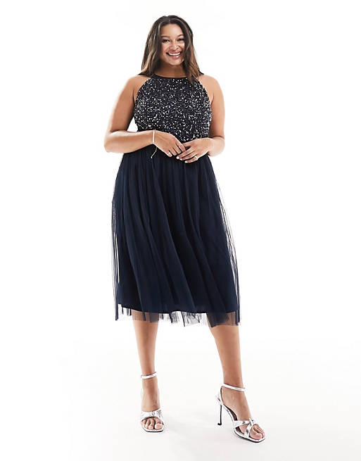 Maya Plus Bridesmaid halter neck midi tulle dress with tonal delicate  sequins in navy