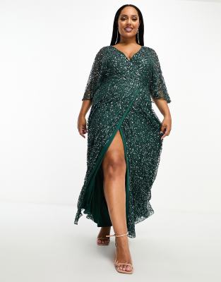 Maya Plus Bridesmaid kimono sleeve maxi tulle dress with tonal delicate sequin in emerald green