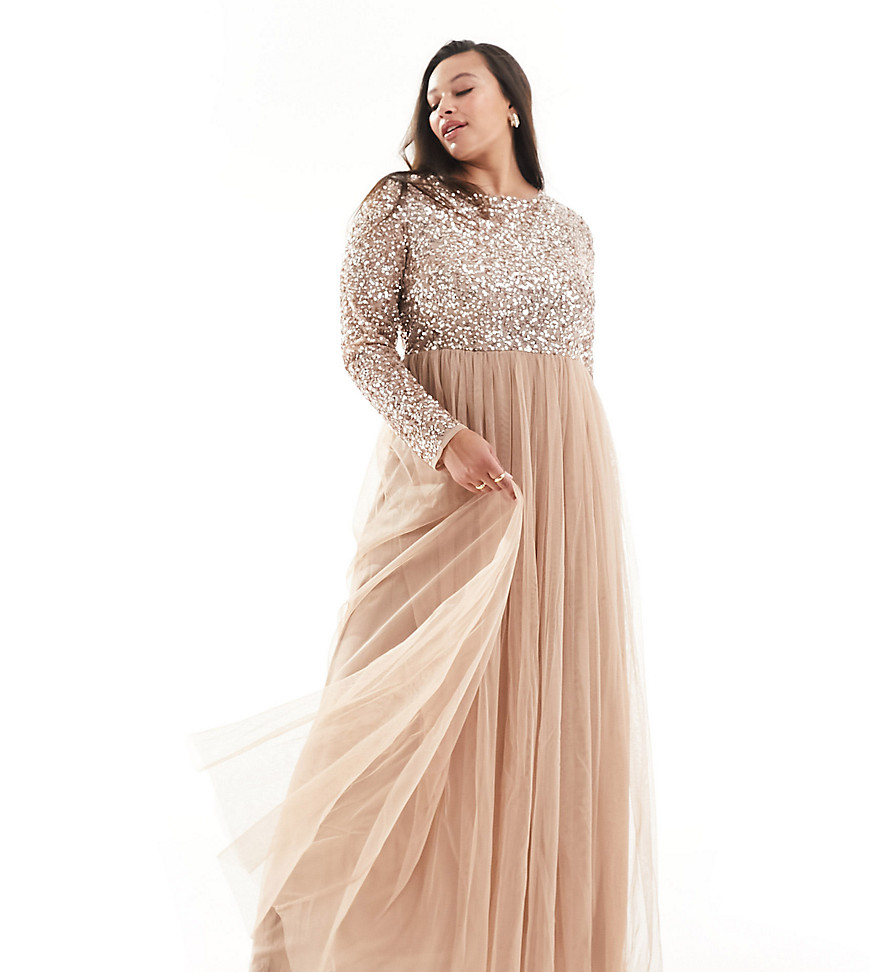 Plus-size dress by Maya Plus Cue the group photoshoot Boat neck Full-length sleeves Pleated skirt Zip-back fastening Regular fit Just select your usual size Exclusive to ASOS