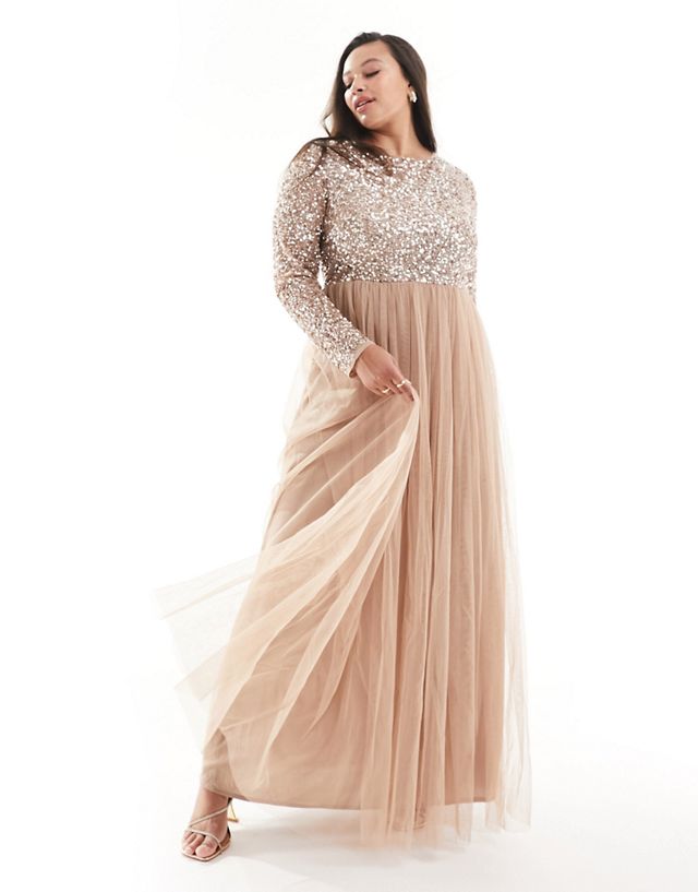 Maya Plus Bridesmaid long sleeve maxi tulle dress with tonal delicate sequin in muted blush