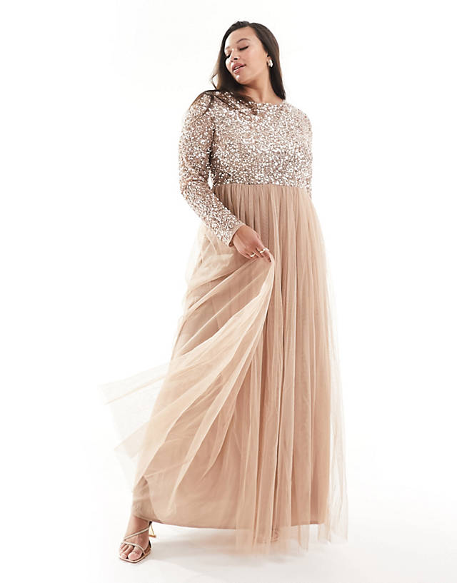 Maya Plus - bridesmaid long sleeve maxi tulle dress with tonal delicate sequin in muted blush