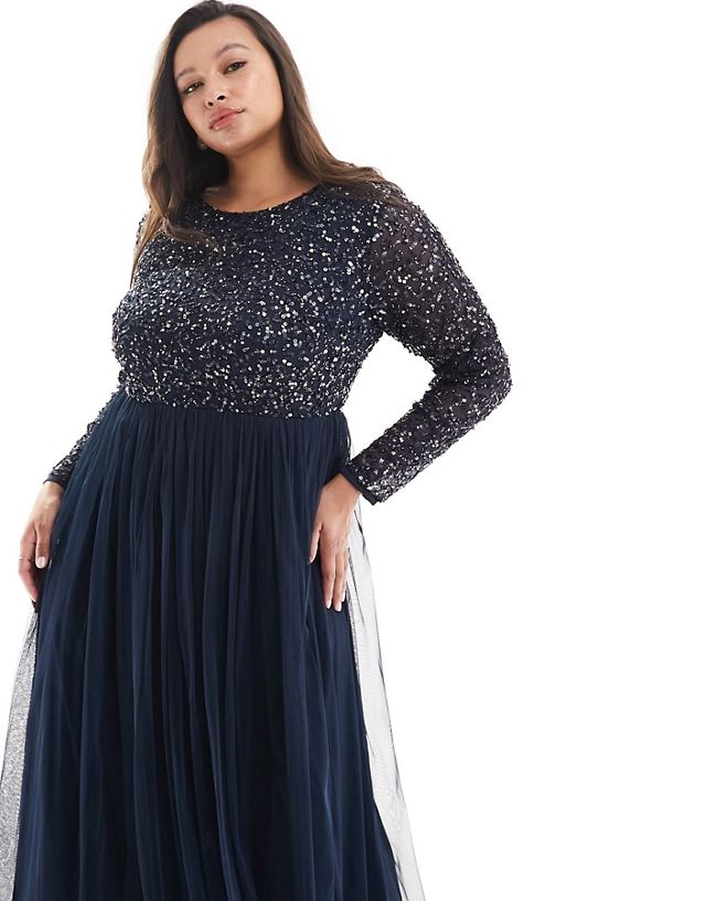Maya Plus Bridesmaid long sleeve maxi tulle dress with tonal delicate sequin in navy