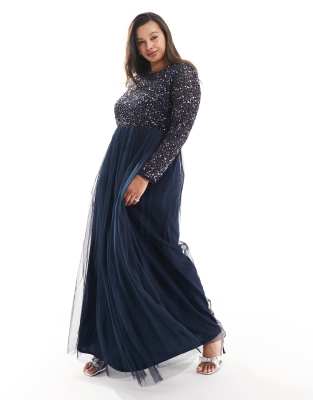 Maya Plus Bridesmaid long sleeve maxi tulle dress with tonal delicate sequin in navy