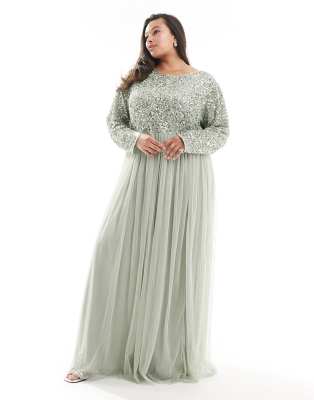 Maya Plus Bridesmaid Long Sleeve Maxi Tulle Dress With Tonal Delicate Sequin In Sage Green